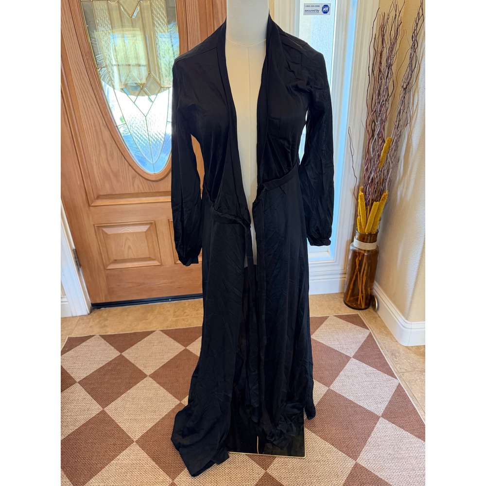 Vintage Cattani of California Black Nylon Maxi Robe Wrap Long Sleeve Small 936